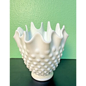 Vtg Fenton Milk Glass Hobnail Handkerchief Vase Footed Compote Planter Scalloped